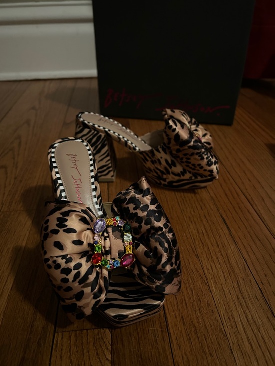 Betsey Johnson Shoes - Betsey Johnson Leopard Print Bow Slides with Multicolor Gem Buckle